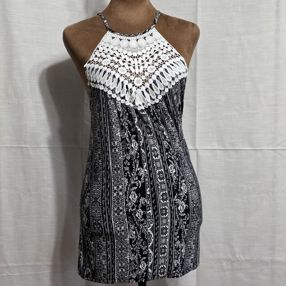 TMG New York Womens Medium Black White Crochet Lace Halter Mini Dress Boho